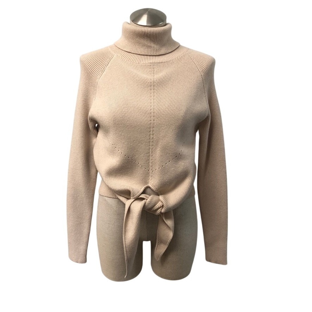 Lovers and Friends Sweater Womens Small Beige Turtleneck Tie Front Ribbed NEW